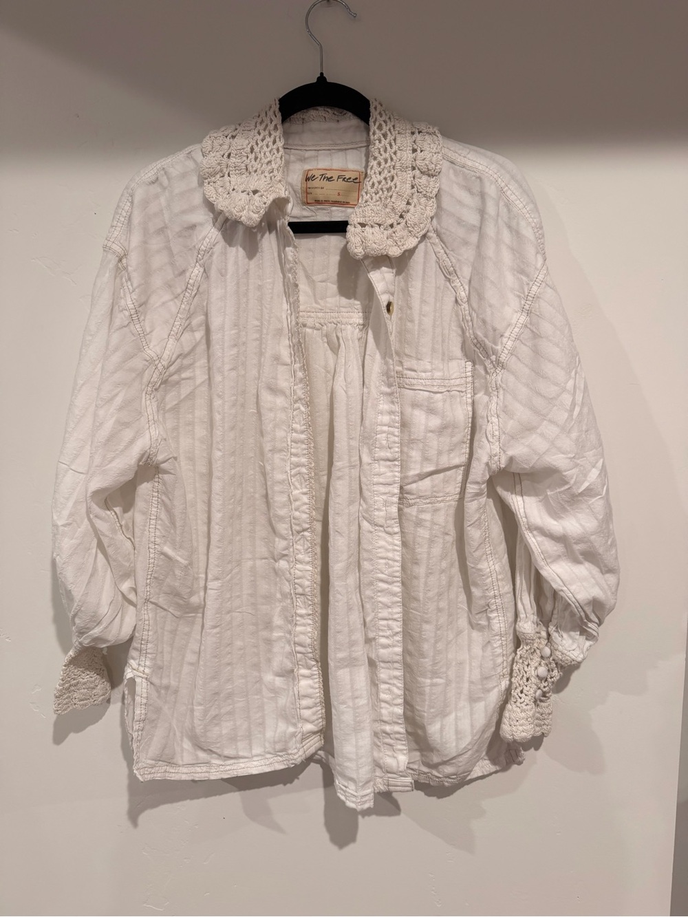 We The Free White Crochet-Collar Long Sleeve Shirt